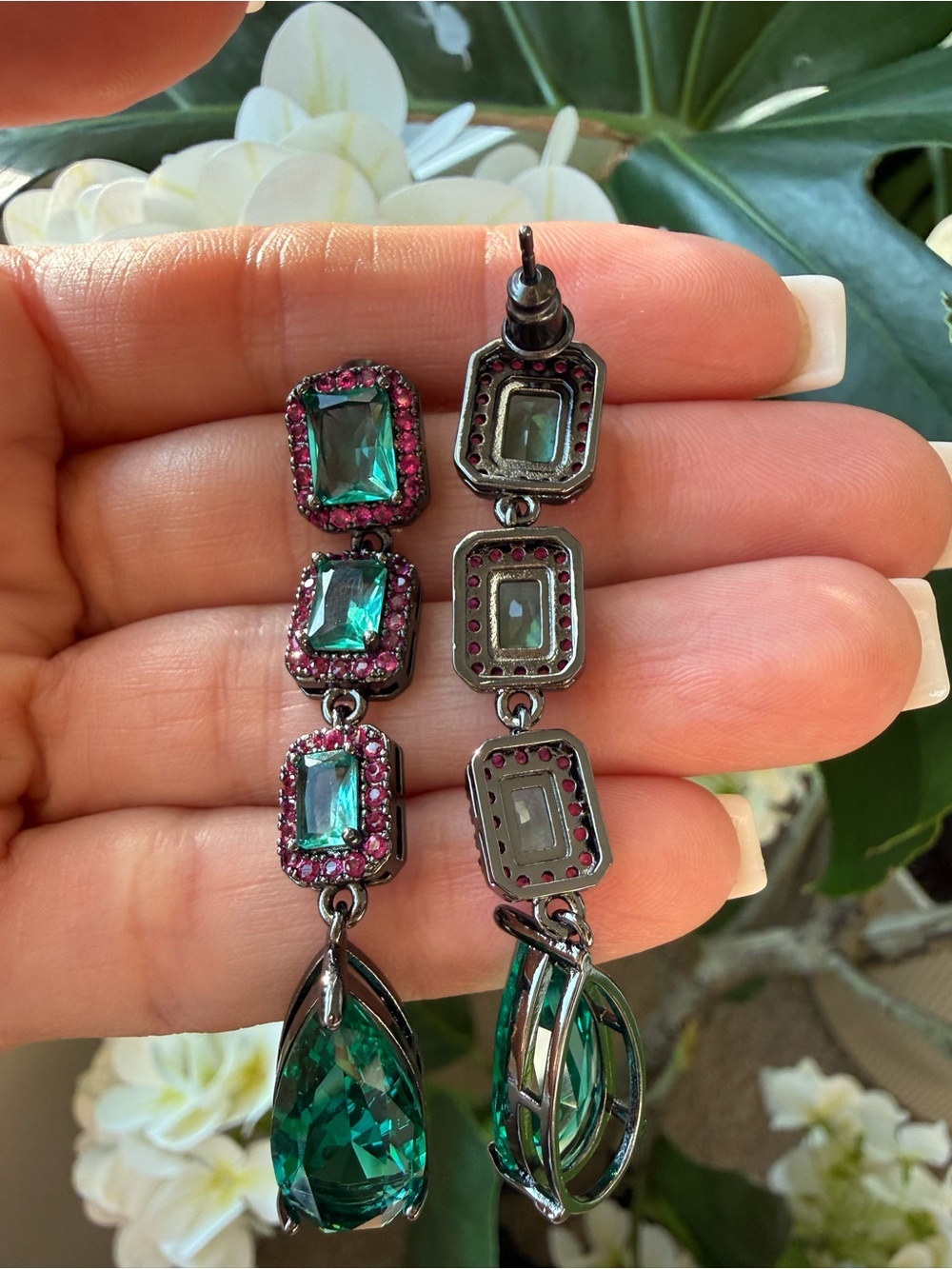 Emerald Green Drop Earrings | Statement Dangle Earrings - Picture 5 of 6